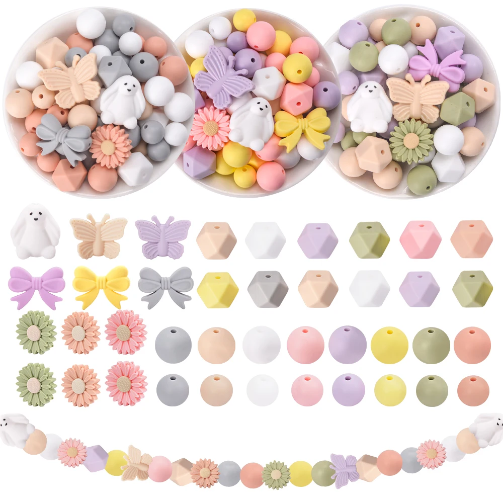 LOFCA 52Pcs Silicone cartoon bear beads Animal butterfly sunflower bead jewelry For Kit for DIY Jewelry, Keychains Accessories