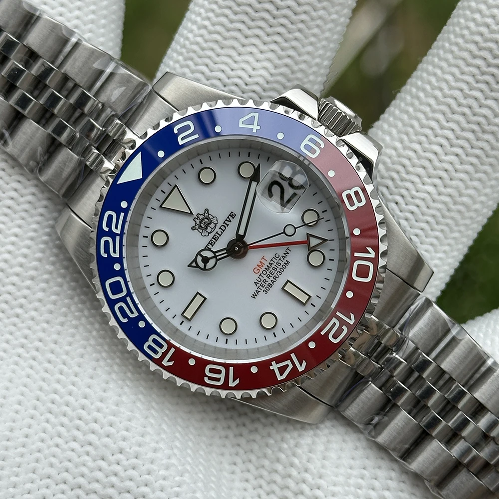 ساعة STEELDIVE للرجال بتوقيت جرينتش 40.5 ملم ساعة يد ميكانيكية أوتوماتيكية غواص 30ATM مقاومة للماء BGW-9 ياقوت مضيء NH35 حافة سيراميك