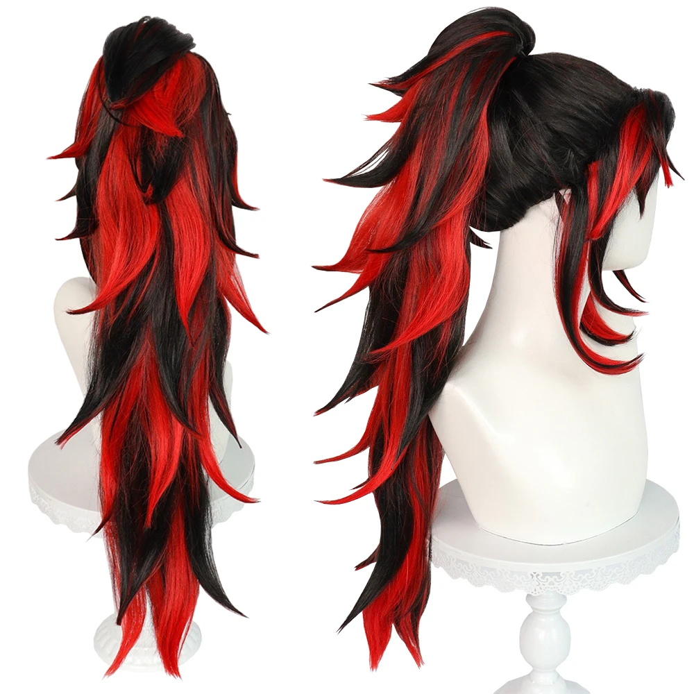 Anime Demon Yoriichi Tsugikuni Cosplay Synthetic Hair 30-Inch Black And Red Gradient Wig Suitable For Daily Party Role-Playing