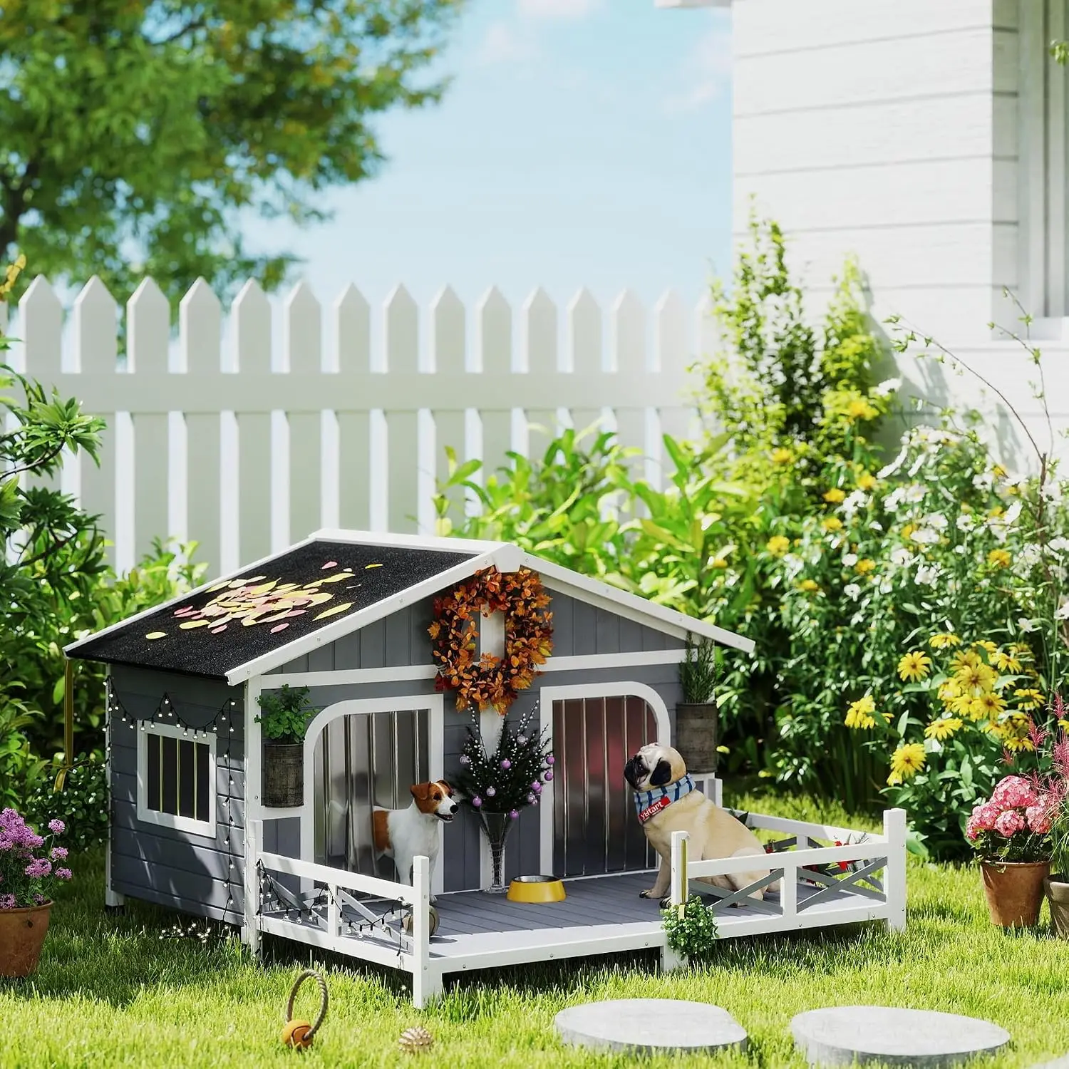 Wooden Dog Kennel Weatherproof Porch Openable Roof Removable Bottom Elevated Floor Double Room 2 Small Medium Breeds, Customized