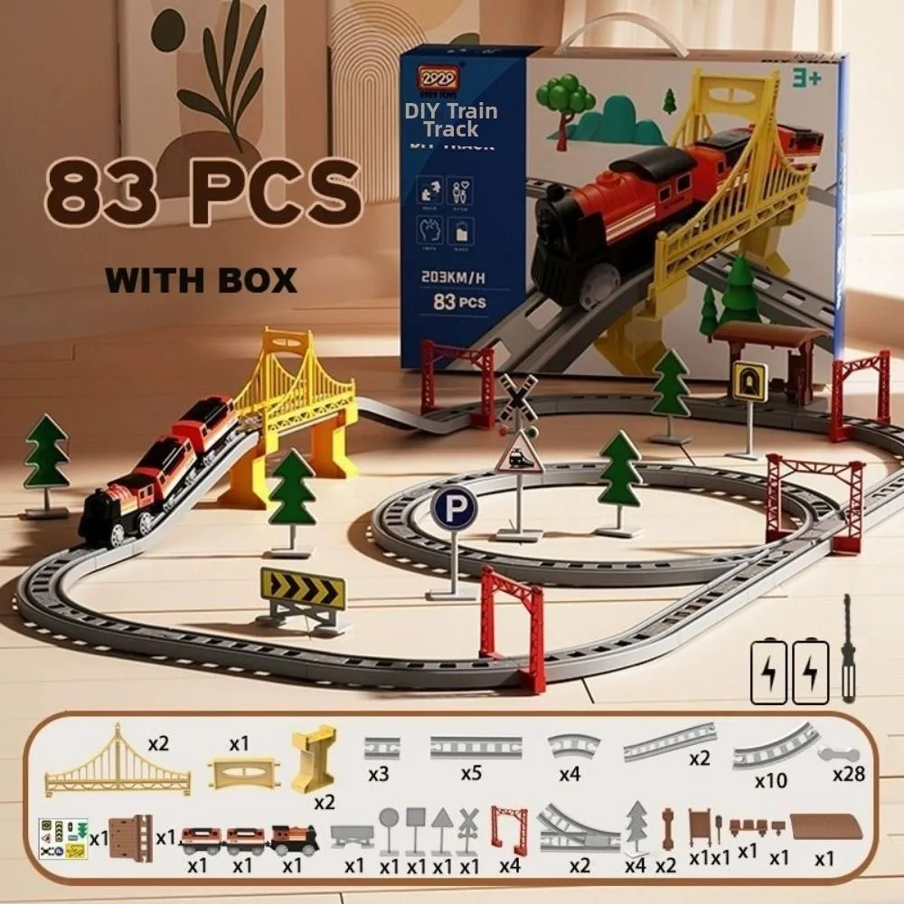 Treno elettrico per bambini 7 stili con binario in plastica con scatola Giocattoli per auto con binario elettrico per bambini Regalo di compleanno per bambini