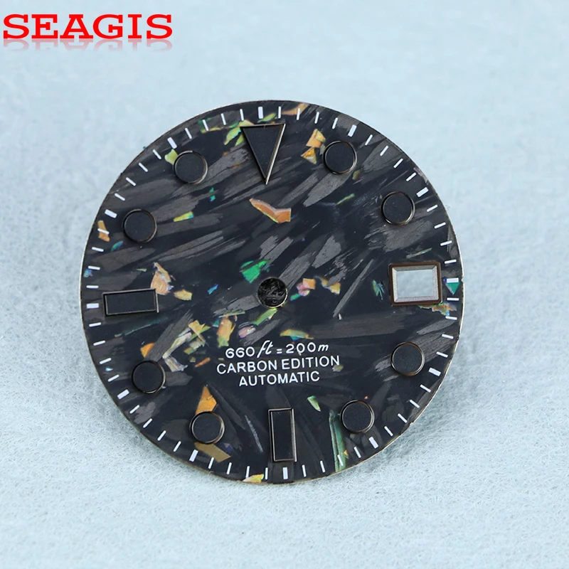 

Цветной циферблат SEAGIS из углеродного волокна, циферблат 28,5 мм, механизм NH35, черный индекс, темно-зеленый люм, без логотипа, модный циферблат Sub Marriner