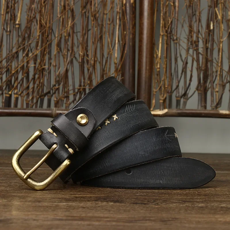 Cinturón de cuero de vaca genuino para hombre, hebilla de latón de alta calidad, 3,3 CM, diseño de moda