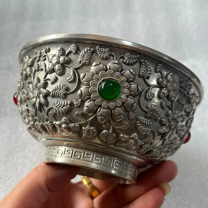 Antique Qing Dynasty Qianlong Era Pure Copper Silver-Plated Embossed Gemstone Inlaid 