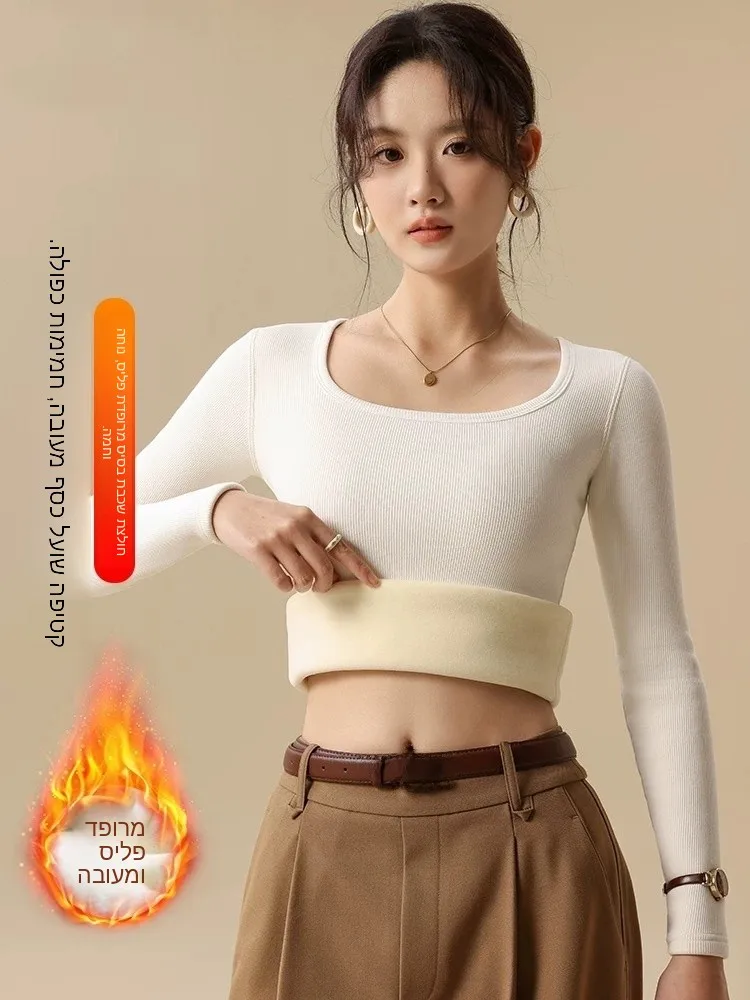 Women's Fleece Lined Thick Long Sleeve Slim Fit Thermal Top U Neck Single Layer Daily Wear Warm And Comfortable T Shirt