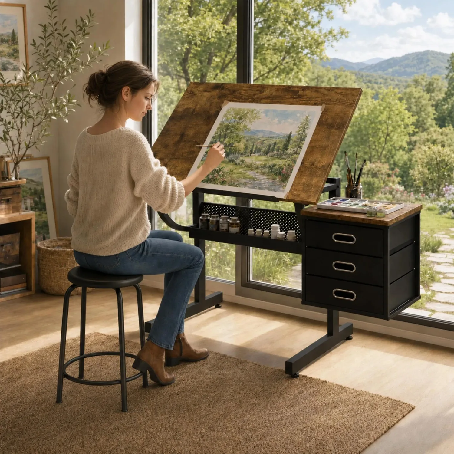 Artist Desks, Drafting Table with Stool & 3 Storage Drawers，Black | 0-75° Tilted Tabletop, Drawers and Stool 15mm/18mm