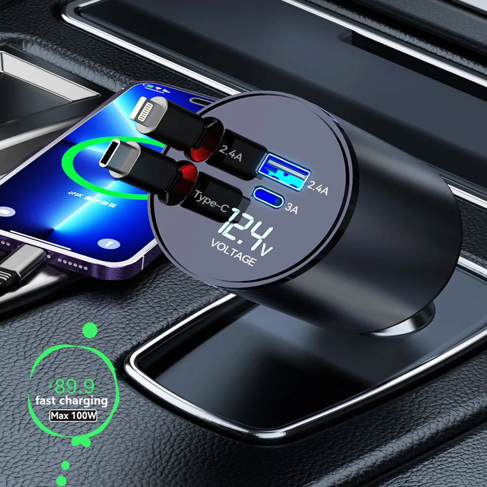 

Metal 5 in 1 Car Charger Super Fast Charging with Extendable Cable Bendable Car Cigarette Lighter Port PD30W Car Charger