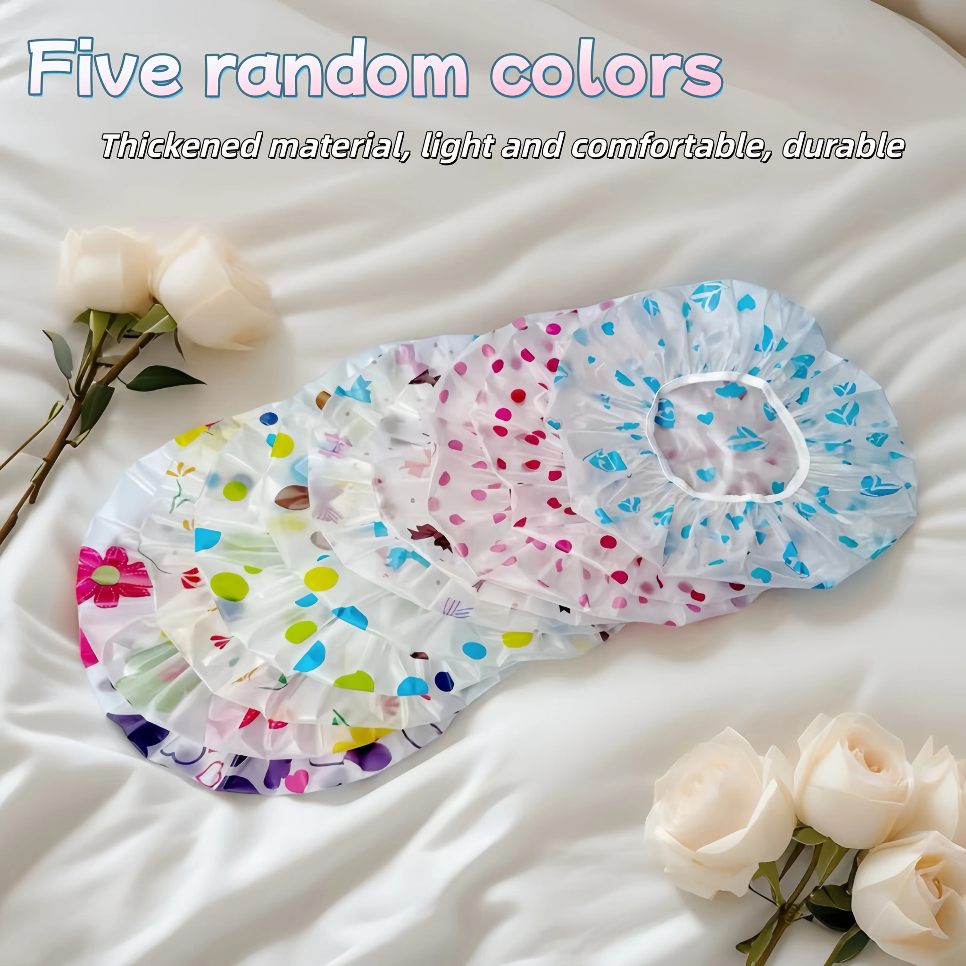 5-Pack Women'S Adjustable Elastic Shower Caps (Random Colors) - Reusable High-Quality Hair Caps with Floral, Heart, Snowflake