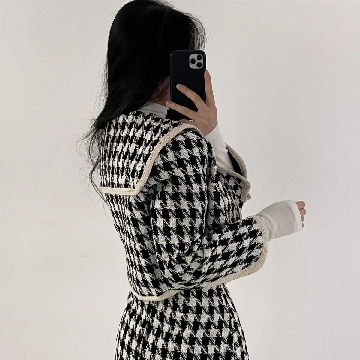 STSVZORR-Vestido Houndstooth para senhoras, casaco curto, cintura alta, saia hip, costura elegante, conjunto de 2 peças