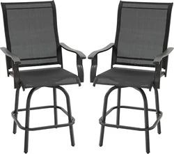 Set of 2 Outdoor Swivel Bar Stools with Armrests, Bar Height Patio Chairs with Steel Frame for Balcony, Poolside, Backyard