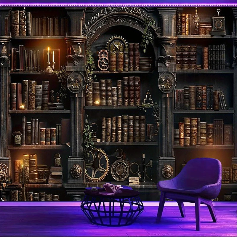 1PC Vintage Bookshelf Art Print Backdrop Banner, Bedroom Living Room Photo Background, Polyester, Home Decor, Wall Art