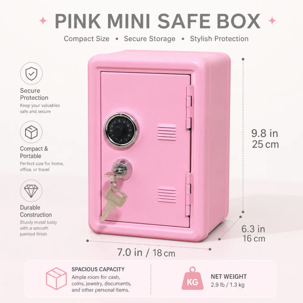 Home Mini Safe - Small Lockable Storage Box With Combo & Key, Protects Valuables, Cash, Documents & Personal Jewelry