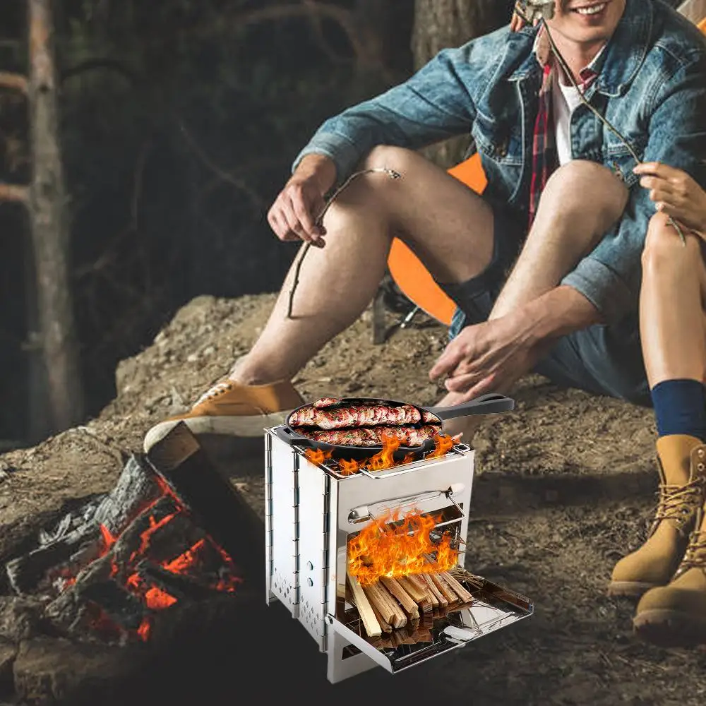 Mini Outdoor Firewood Stove Camp Cooking Picnic Travel Stainless Steel Square Wood Stove Charcoal Folding Grill BBQ Shelf Tools