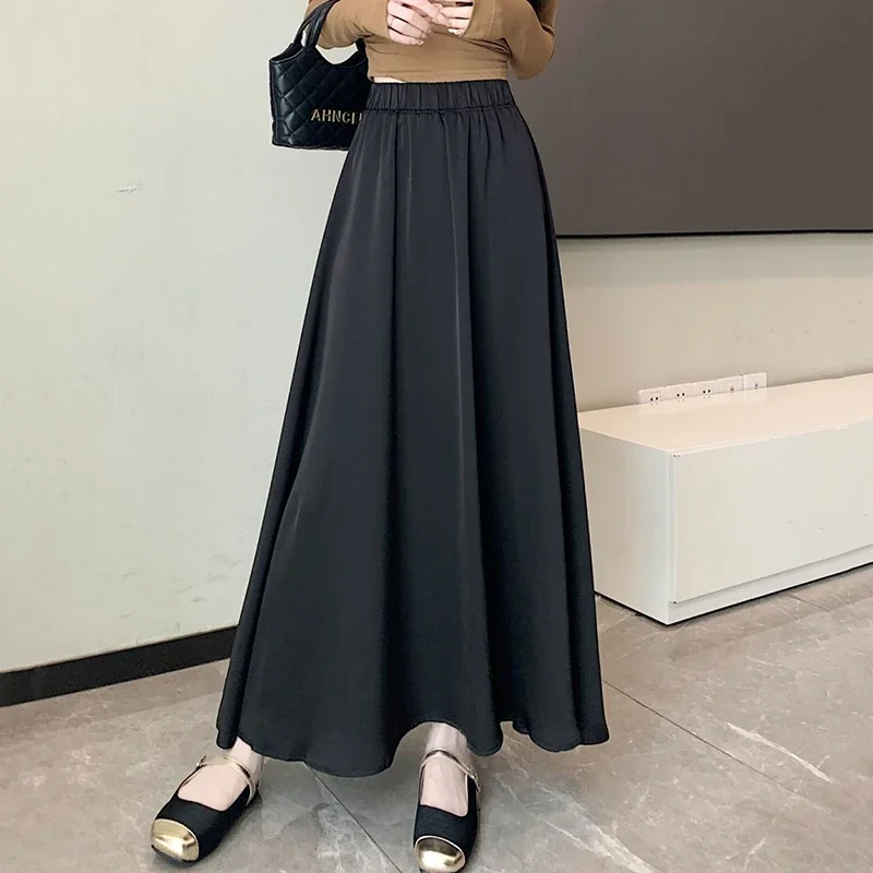 ファッションエレガントなプリーツスカートの女性 2025 新しい夏のアイスシルク固体カジュアルロングスカート女性ハイウエストすべて一致パーティースカート