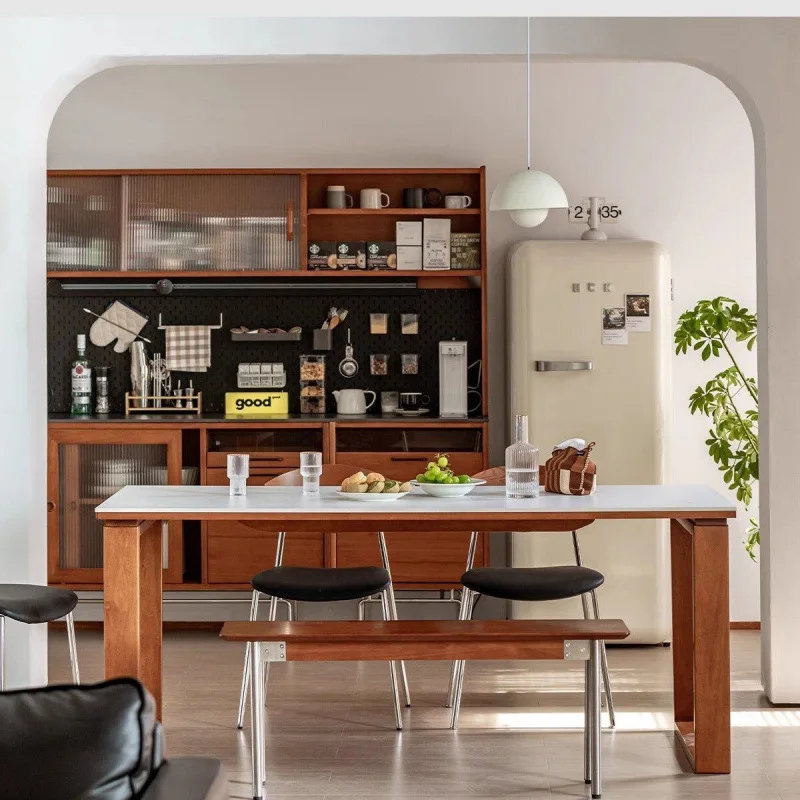 

Solid wood rock slab dining table Nordic retro large board small apartment and chair combination rectangular Japanese worktable