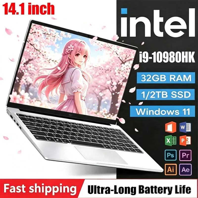 High Performance 14.1 Inch Notebook PC Intel Core I9 10980HK Windows 11Pro 32GB DDR4 RAM 2TB SSD Ultra Slim Gaming Office Laptop