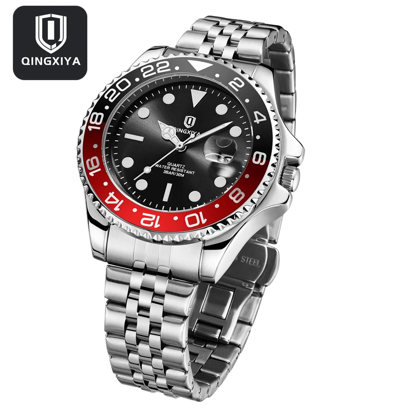 QINGXIYA Brand New Fashion Date Quartz Watch Men Stainless Steel Sports Waterproof Luminous Luxury Mens Watches Reloj Hombre