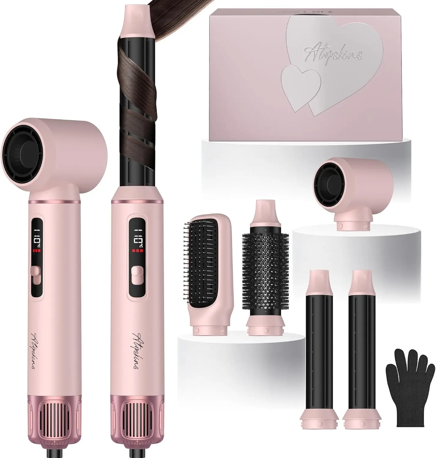 

5-in-1 Blow Dryer Brush Set, 1000W Hot Air Styler with Auto-Wrap Curler & LED Display, Negative Ion Hair Dryer for Straightening, Volumizing & Curling - Pink