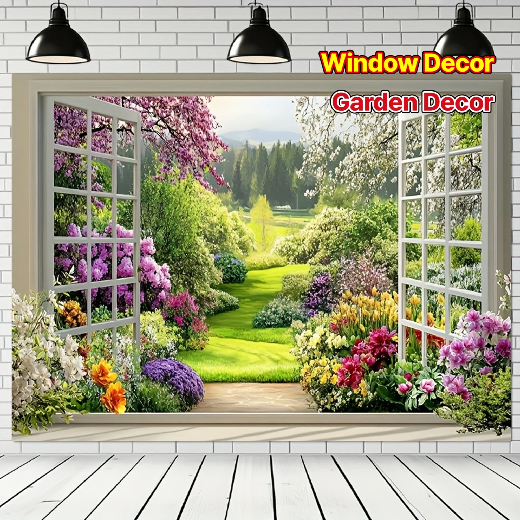 2D flaches 1-teiliges Polyester-Banner mit Frühlingsgartenlandschaft, durch das Fenster, perfekte Wohnzimmerdekoration und Raumdekoration – Detail 2