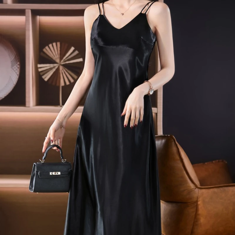 V-neck Sexy Black Dress 2025 New Summer Satin Shoulder Straps Backless Dress Women's Suspender Dress Luxury Dresses for Women