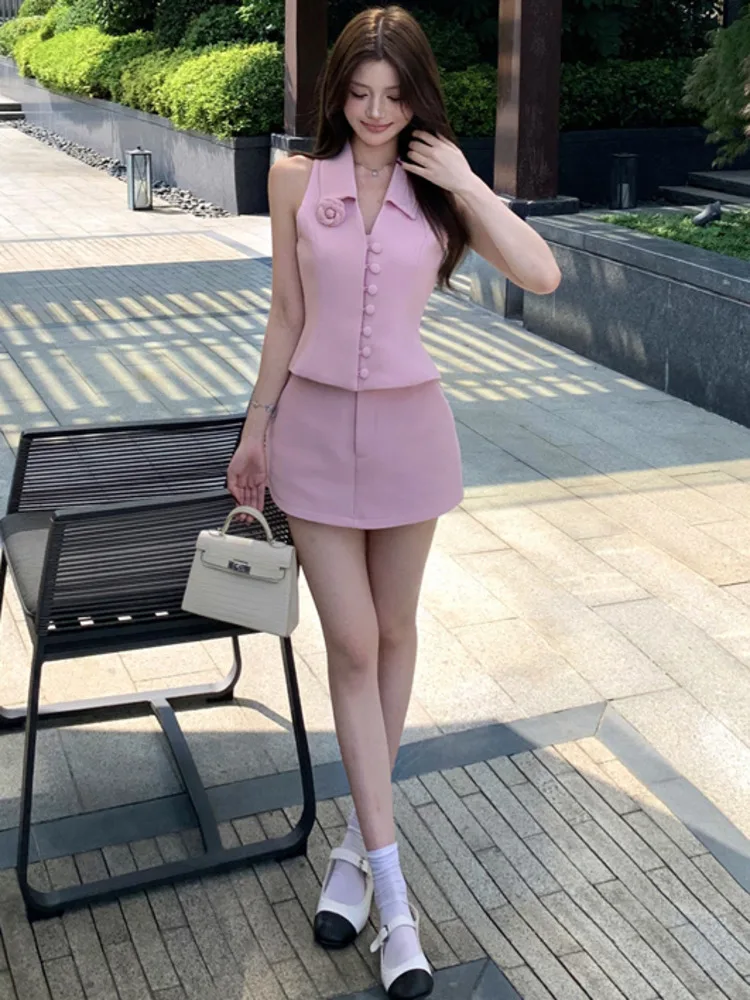 Vrouwen Roze 2-delige set Sexy V-hals Mouwloos Vest + Hoge Taille A-lijn Minirok Mode Y2K Zomerpak Dames Elegant Trendy