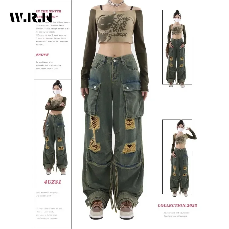 

2023 Winter Vintage Loose Jeans Harajuku Y2K Hollow Out Pockets Pants Women's Wide Leg High Waist Baggy Ripped Denim Trouser