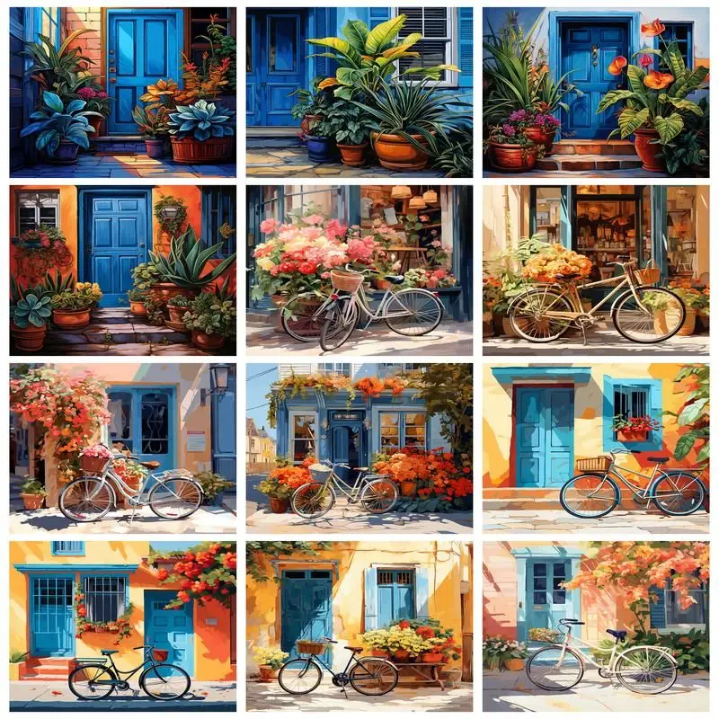 

CHENISTORY DIY Frame Paint By Number Bicycle Wall Art Picture By Numbers Blue Door Scenery Acrylic Canvas Painting For Decoratio