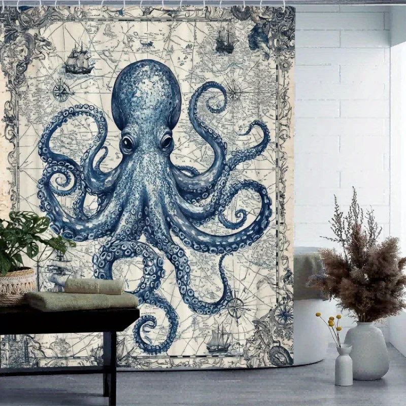 Octopus Pattern Shower Curtain, Waterproof & Machine Washable, for Home, Hotel, Bathroom Decor, One-Piece Design