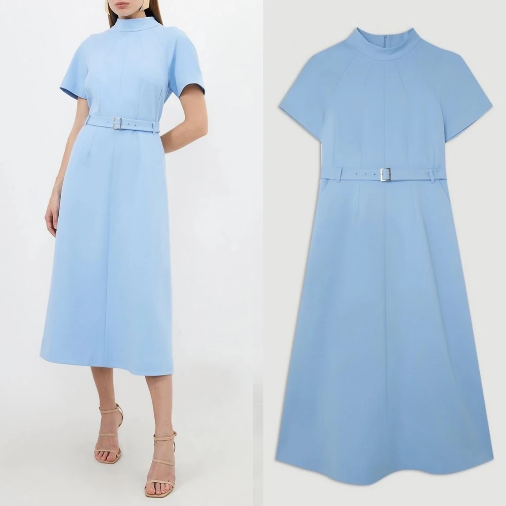 Jiayigong  Classic Modern Style High Collar Tea-Length A-line Belt Satin Bespoke Occasion Dresses