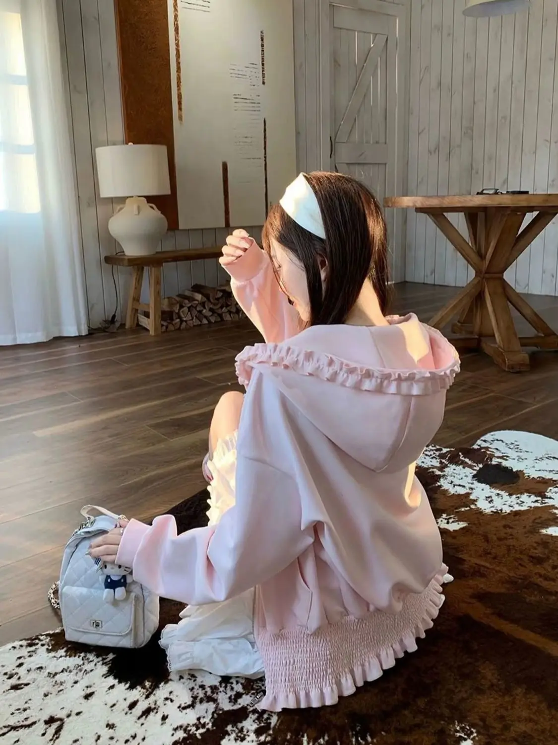 

Japan Fungus Lace Hooded Sweatshirt For Women Spring Autumn Loose Waisted Cardigan Zipper Sweet Hoodie Design Large Size Jacket