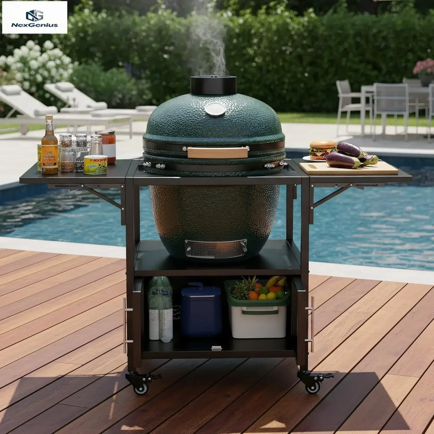 Outdoor Grill Cart for Big Green Egg Style BBQ, Metal Grill Table with 2 Folding Panels, Compatible with up to Large Green Egg,