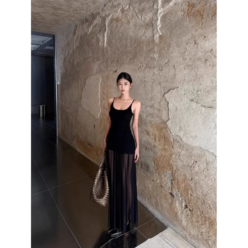 

Black Patchwork Mesh Slip Dress, Slim-Fitting, See-Through, Bodycon Long Dress, Summer And Elegant Vacation Dress