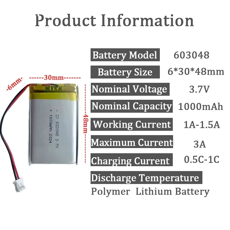 3.7V Lipo Cells 603048 1000mAh Rechargeable Battery PH 2.0mm 2pin Plug for MP3 MP4 GPS Bluetooth Headset LED Lamps Selfie Sticks