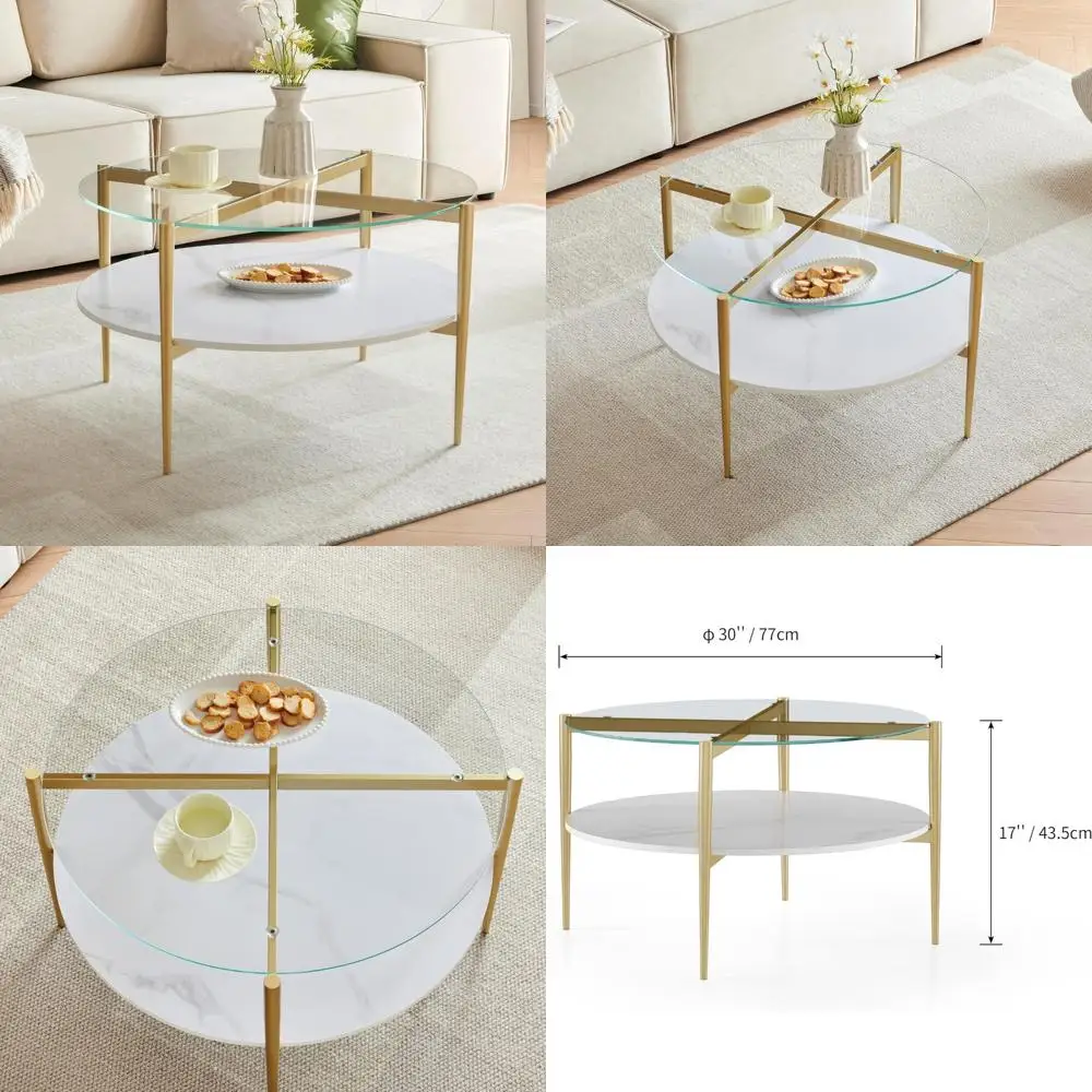 

Modern Two-Tier White Wooden Coffee Table with Glass Top for Living Room, 30-Inch Diameter, Gold Accents