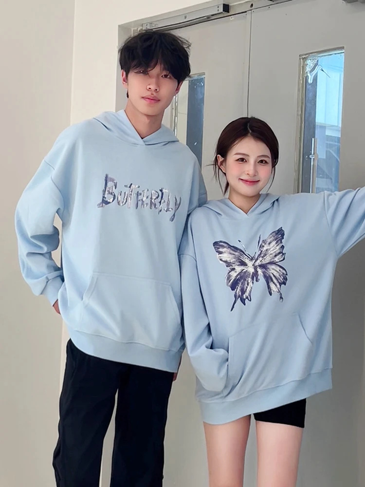 

Haze Blue Butterfly Couple Sweatshirts Autumn and Winter Senior Sense 2024 New Oversize Hoodies