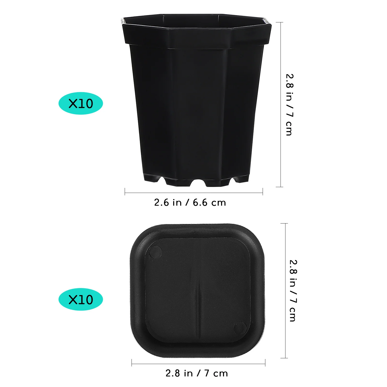 

10Set Night Black Octagonal Plastic Plant Pots Nursery Containers Saucers Drainage Succulents Flowers Gardening