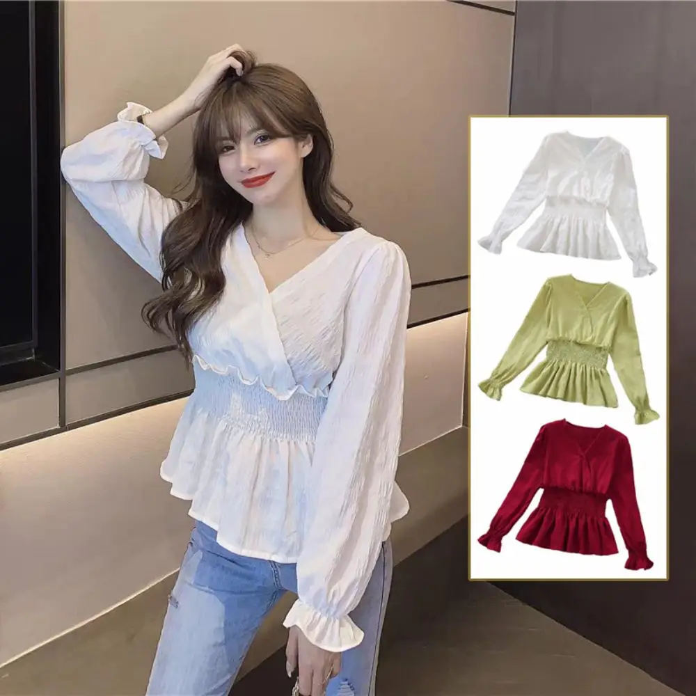 

Модная шифоновая тонкая рубашка с v-образным вырезом, приталенная шифоновая футболка с рюшами по краям, женские однотонные женские топы с длинными рукавами