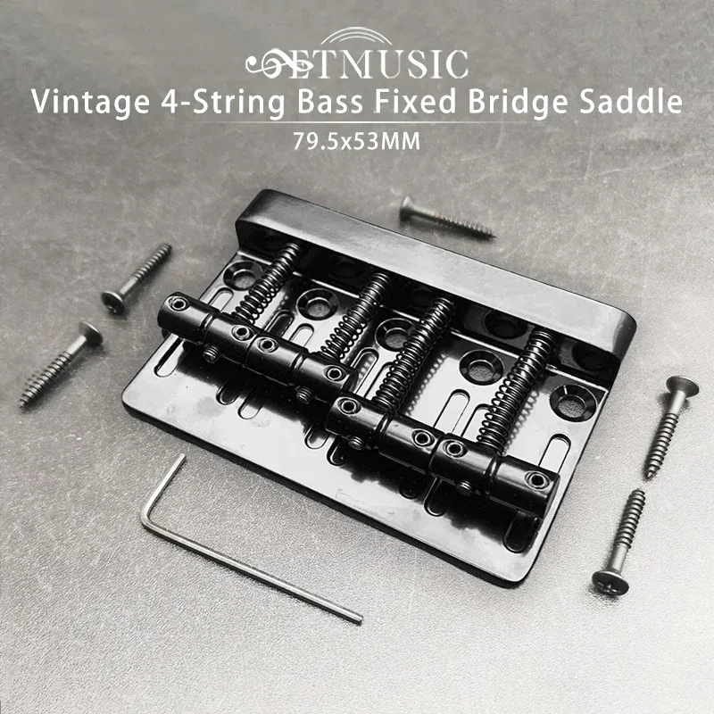 Vintage 4-String Bass Bridge Length 79.5x53MM Bass Fixed Bridge Saddle Top Load Black/Chrome