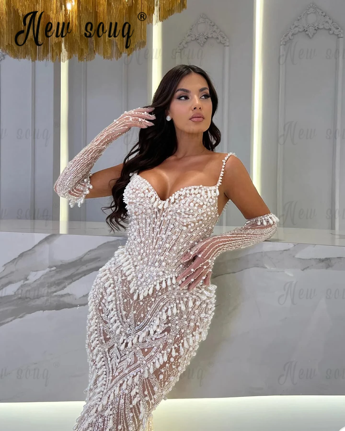 Illusion Long Mermaid Party Dress Luxury Cocktail Dresses Spaghetti Straps Engagement Dress With Sleeve for Women Customize