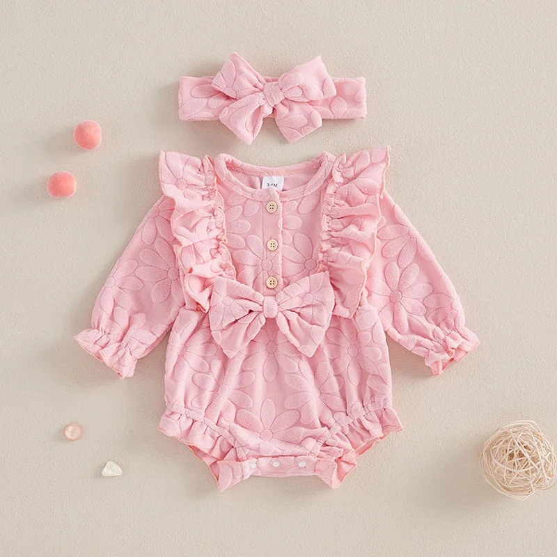 Baby Girls Flower Ruffles Rompers Bowknot Long Sleeve Jumpsuits with Headband Newborn Autumn Clothes