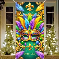 Mardi Gras Decorations Door Cover Mask Feather Backdrop for Carnival Masquerade Decor Photo Booth Background Prop Party Supplies