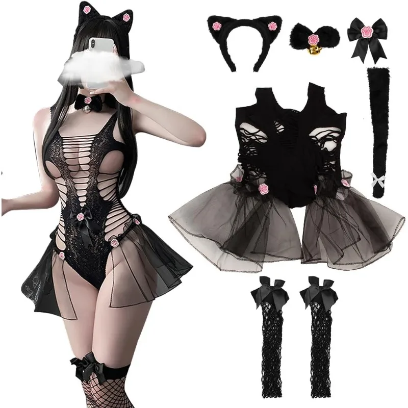 Pakaian Dalam Seksi Wanita Pakaian Dalam Dewasa Kucing Cosplay dengan Ikat Kepala Stoking Jala Ekor Kerah Lonceng Pakaian Manik-manik Hitam