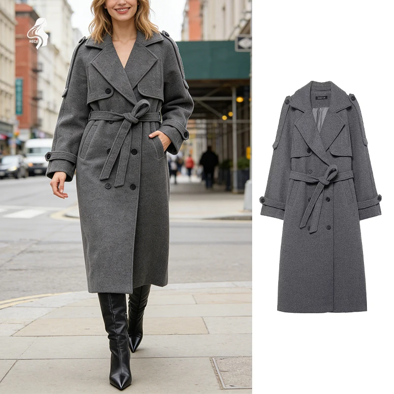 

Women Long Double Breasted Wool Coat With Epaulets Belt And Cuff Buttons Versatile For Work Business And Casual Wear Tops