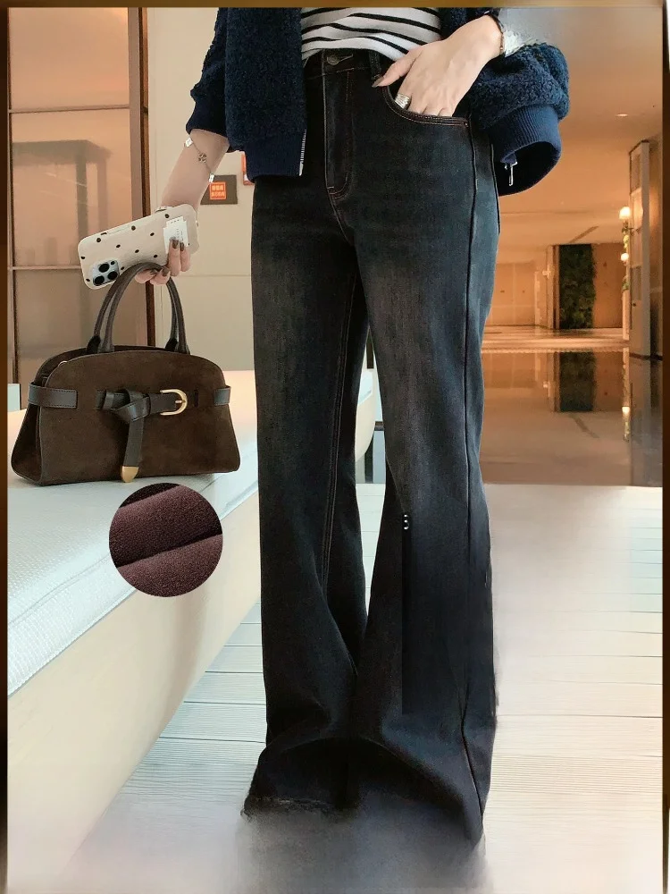 

Meiyang High Waist Slim Fit Denim Jeans with Pockets Mid-Rise Bootcut Fleece-Lined Scissors Leg Design Casual Pure Color