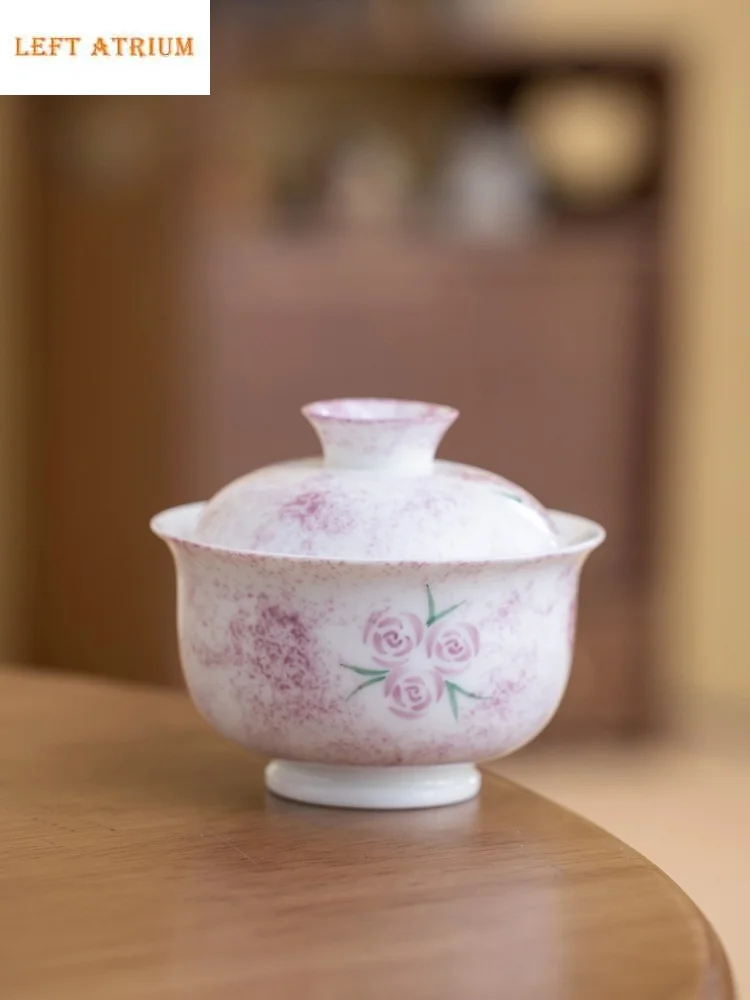 

120ML Hand-painted Pink Rose Porcelain Gaiwan Set For Tea Tureen Teaware Cup Chinese Ceramic Tea Bowls Tea Ceremony