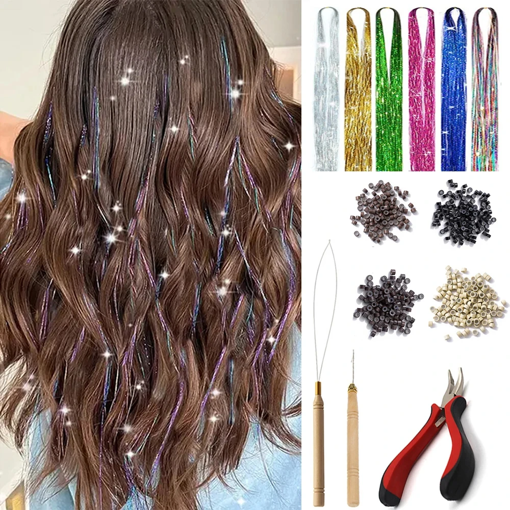 

120cm 700Pcs Shiny Threads Glitter Hair Tinsel Kit Gold Silk Hair Glitter String Extensions Accessories for Women Headdress