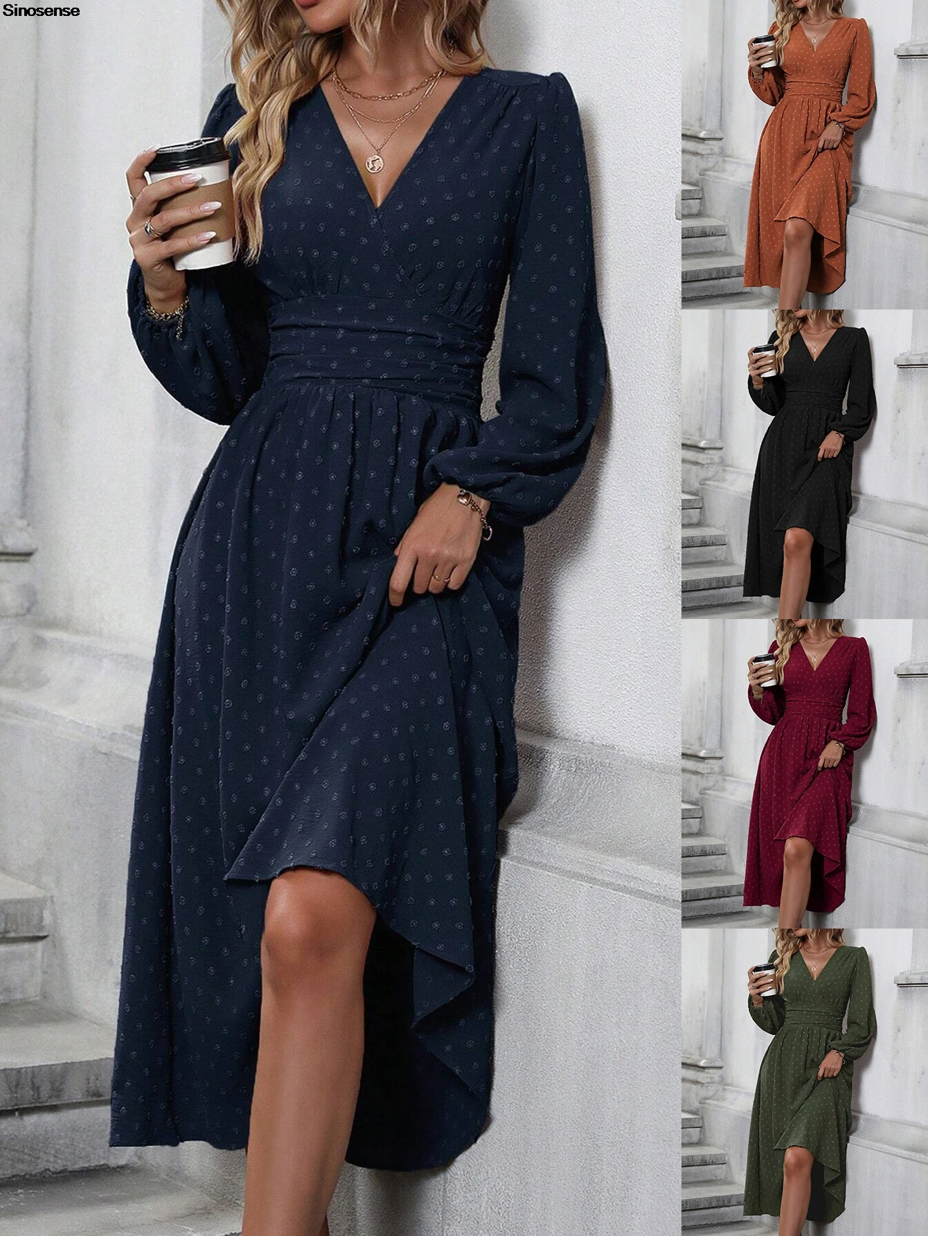 Abito lungo da donna autunno manica lunga scollo a V Swiss Dot Boho smock a vita alta abito lungo fluido a trapezio elegante abito da ospite di nozze