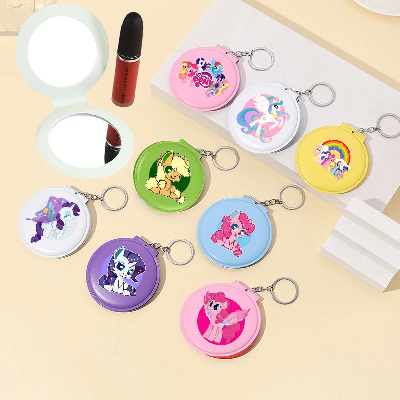 Kawaii My Little Ponys 화장품 돋보기 메이크업 거울 귀여운 애니메이션 라운드 포켓 컴팩트 메이크업 룩 유리 키 체인 포함 New