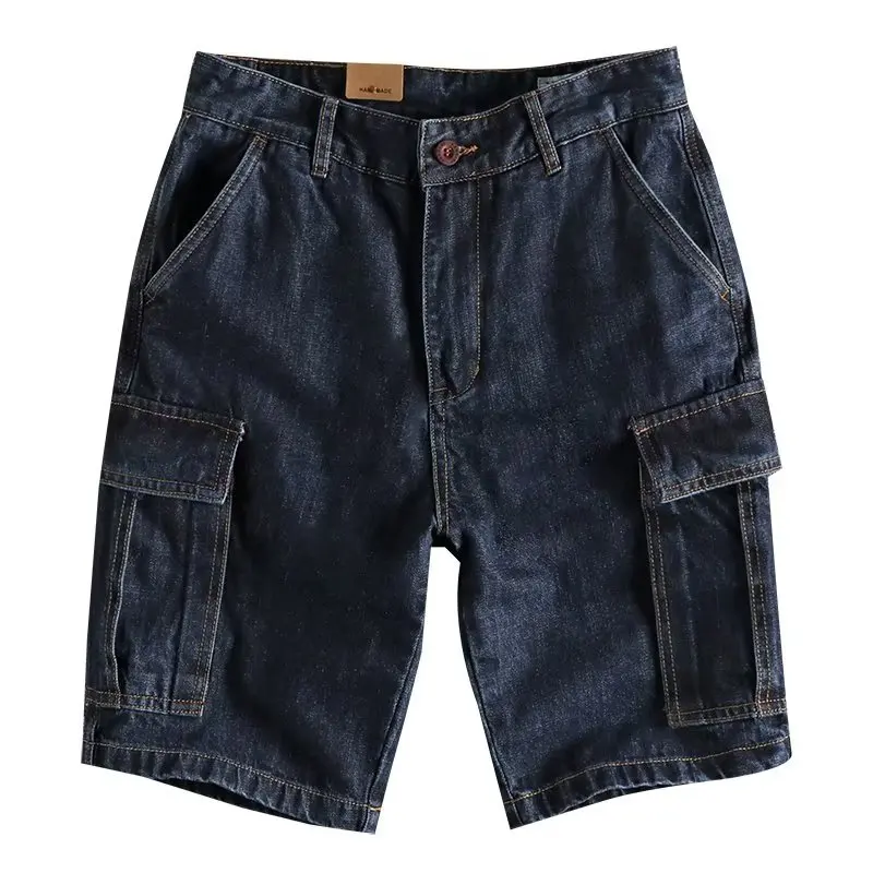 

Multi Pockets Mens Denim Shorts Washed Distressed Overalls Solid Color Versatile Youth Retro Denim Shorts Punk Loose Street Pant