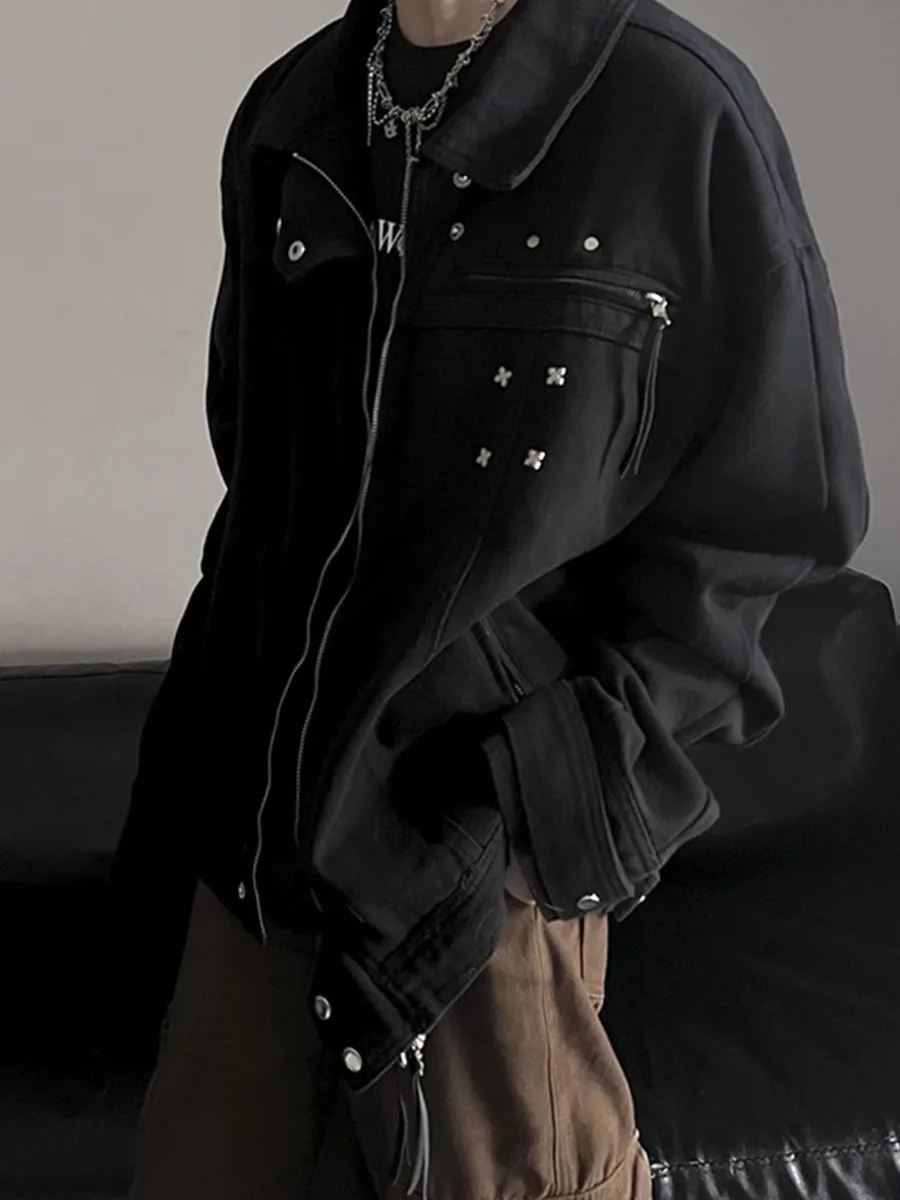 

Dark Black Denim Jacket Oversized Utility Coat Men Women High Street Retro American Spring Autumn Y2k Metallic Casual Outerwear